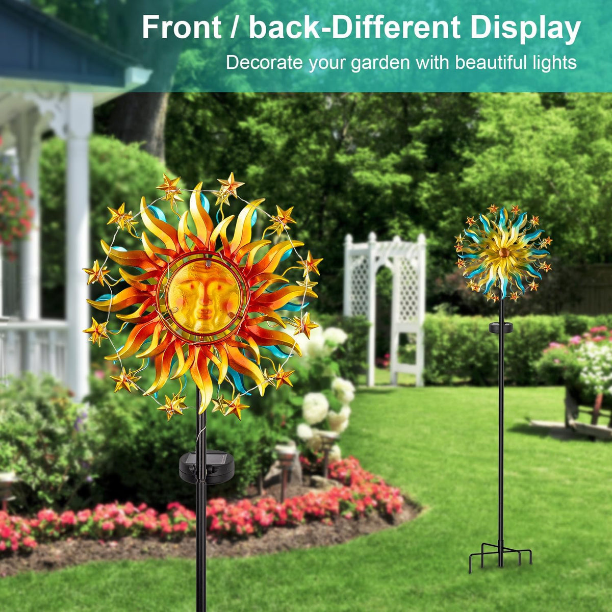 Solar Wind Spinners for Yard Garden - 60.3 Inch 360° Metal Sun Wind Sculptures Outdoor Clearance Kinetic Windmills with Vine String Shining LED Lights for Patio, Lawn Xmas Garden Decoration