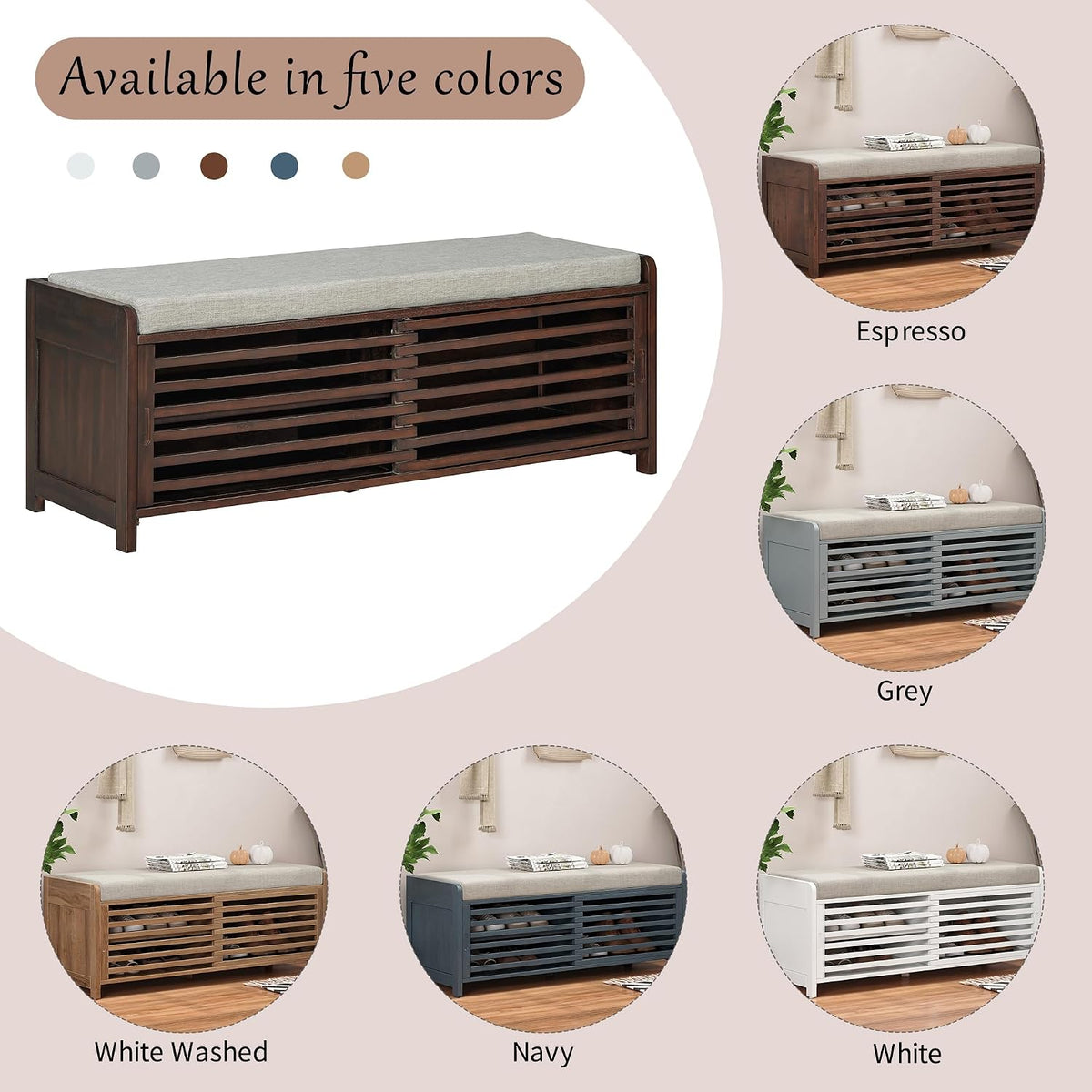SOFTSEA Shoe Storage Bench with Cushion, 2-Tier Entryway Bench with Sliding Shutter Doors for Entryway, Bedroom, Living Room, Farmhouse Style, 43.3" W x 15.4" D x 16.5" H (Espresso)