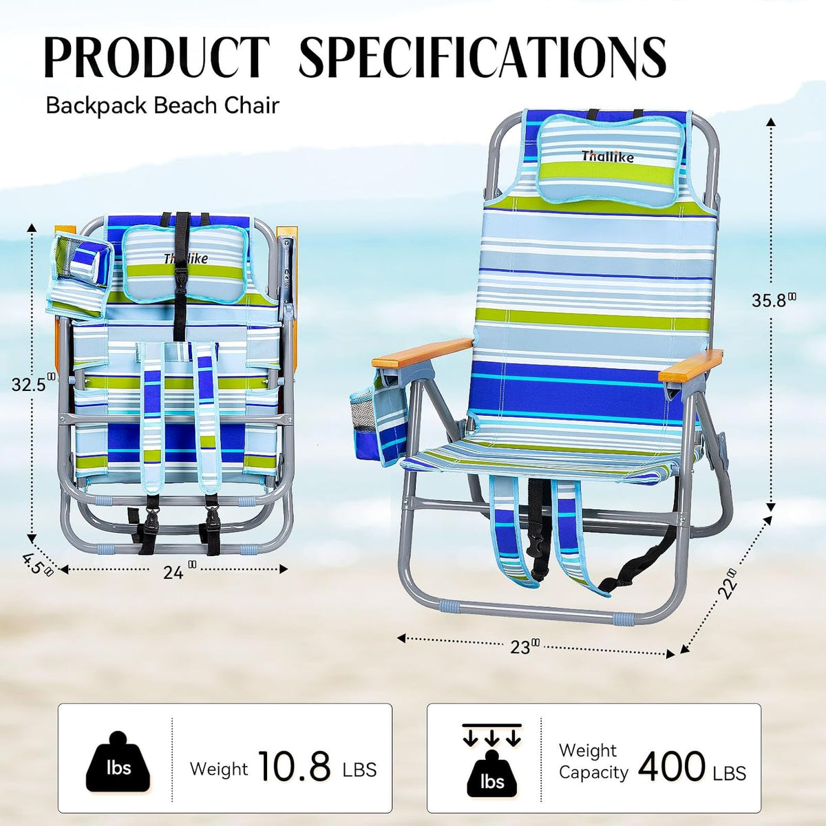 Backpack Beach Chair Wide Seat High Back Folding Camping Chair for Adults 5-Position Recline Supports 400 lbs Portable Chair with Cup Holder Cooler Bag Storage Pouch for Outdoor Lawn Picnic