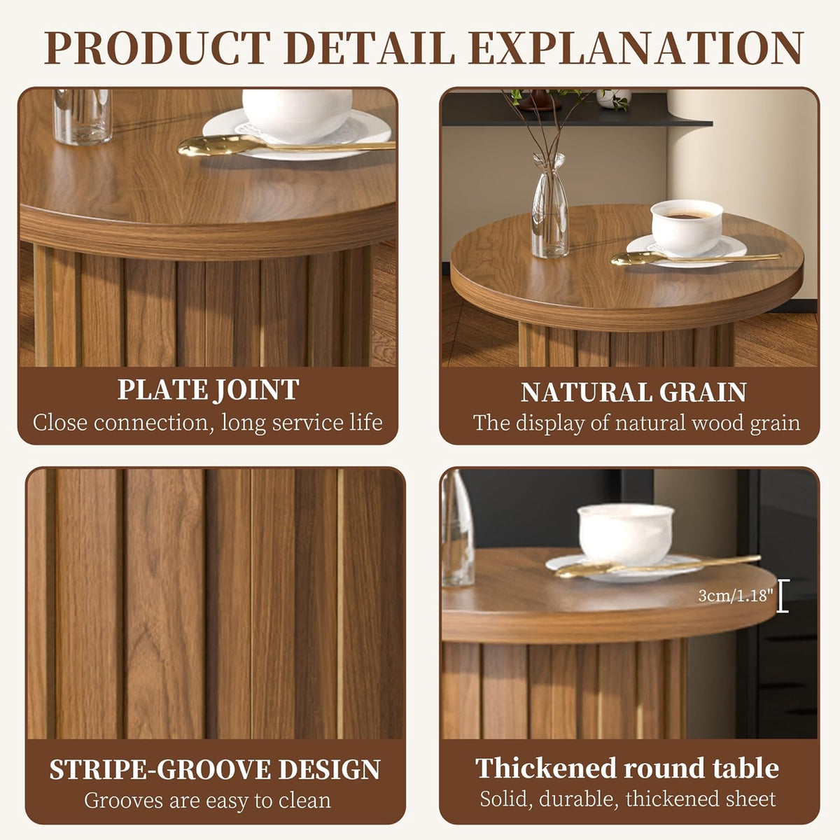 Fsbecl Farmhouse Pedestal End Table Round Side Table with Fluted Panel Rustic Drink Table for Small Space Living Room (Walnut)