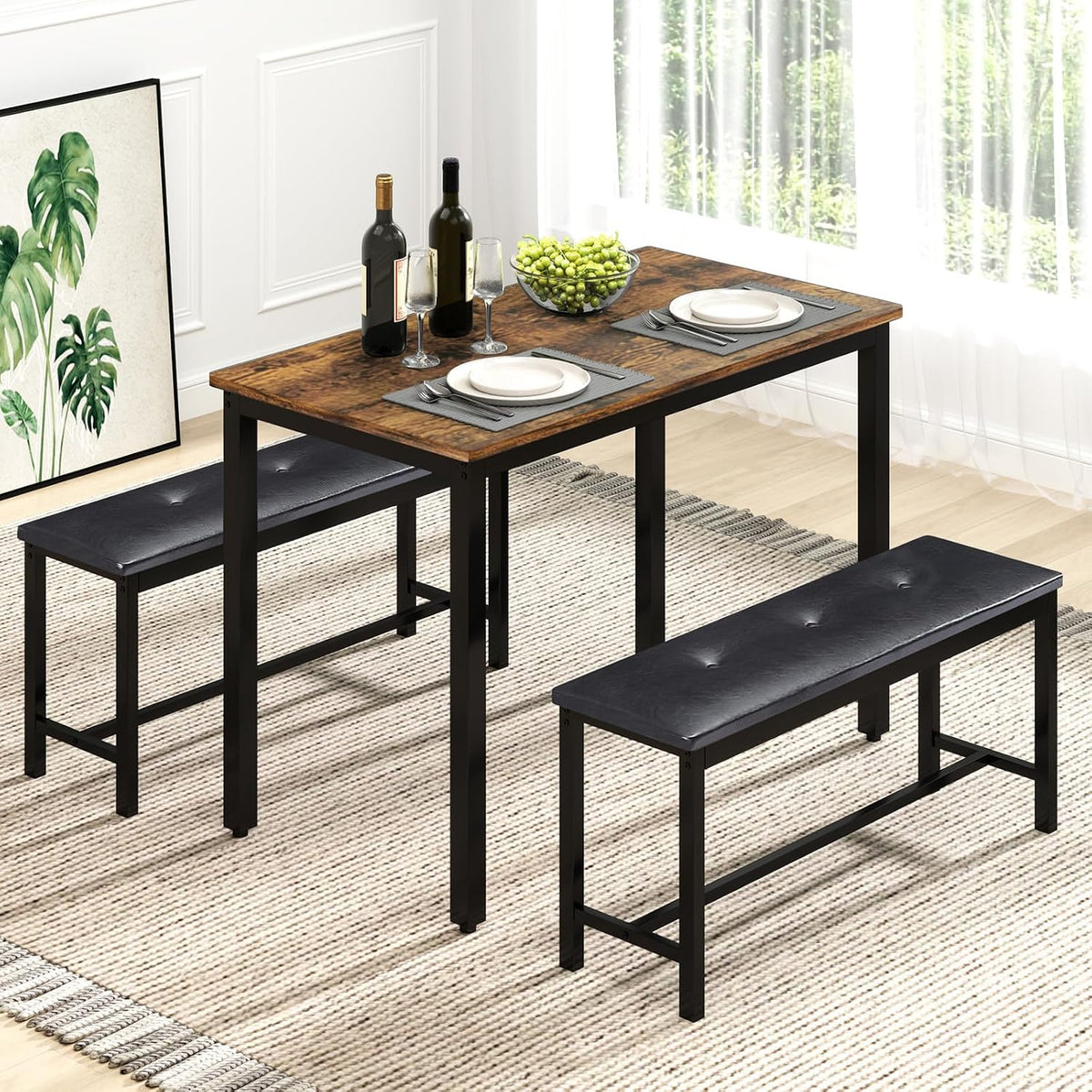 Rovibek Dining Room Table Bench Set for 4, Modern Space Saving Kitchen Table with with 2 Upholstered Benches & Adjustable Feet, Wooden Breakfast Table, 43", Brown