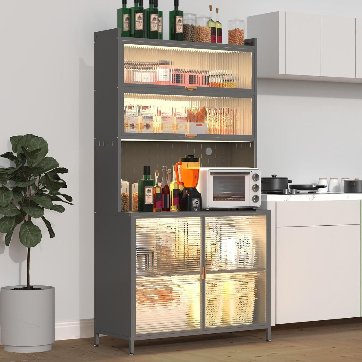 Montary 73" Tall Kitchen Pantry Cabinet, 6 Tiers Flip Door with Pegboard Spacious, Adjustable Metal Pantry Storage Cabinet, Anti-Tip Design Hutch for Kitchen, Dining Room, Living Room (Grey)