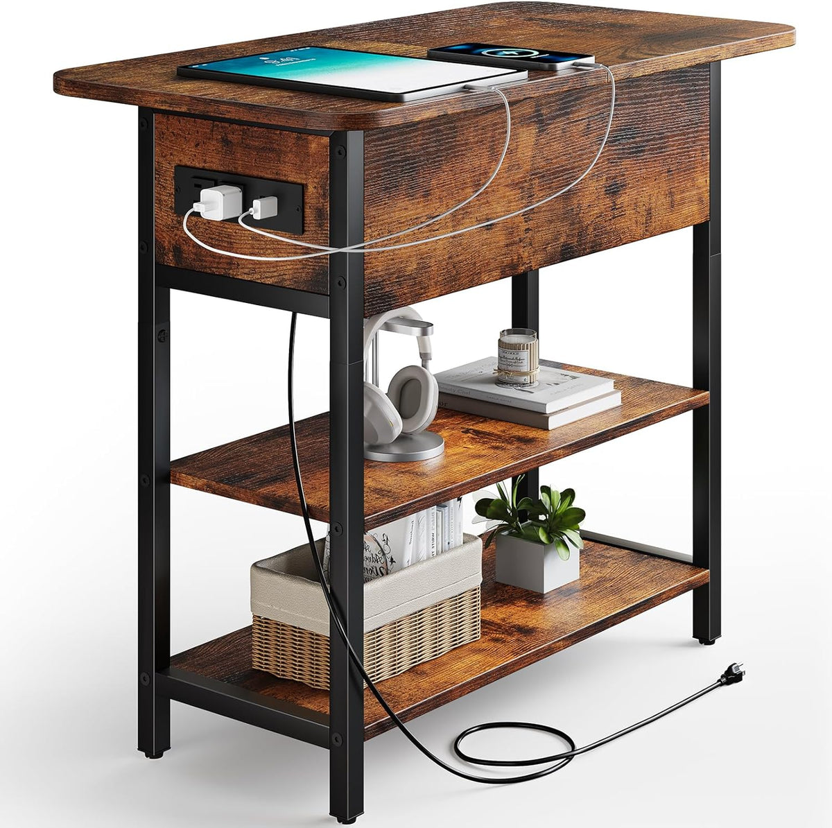 Yoobure End Table with Charging Station, Flip Top Side Table with USB Ports and Outlets, Sofa Couch Table Bedside Table for Living Room Bedroom, Narrow Nightstand with Storage Shelves for Small Space
