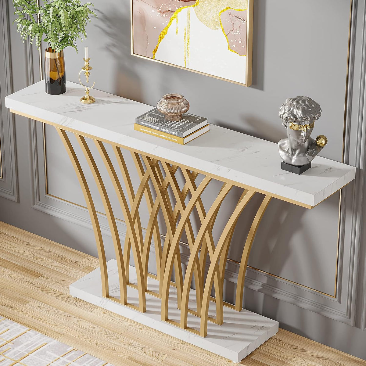 Tribesigns 59 inch Gold Console Table, Modern Entryway Table with Grid-Shaped Metal Base for Entrance, Hallway, Entryway, Living Room(White Faux Marble & Gold)