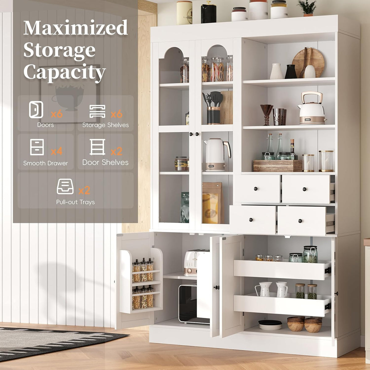 Freestanding Buffet with Hutch, 47.2 * 15.7 * 75 inch Tall Kitchen Pantry Cabinet with 4 Drawers, Door Shelves and Pull-Out Trays for Dining, Living Room, White