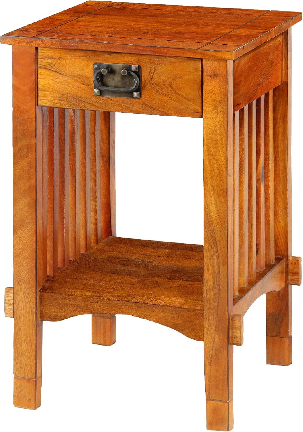 Benjara Spacious Mango Wood Telephone Stand with Slatted Side Panels, Brown