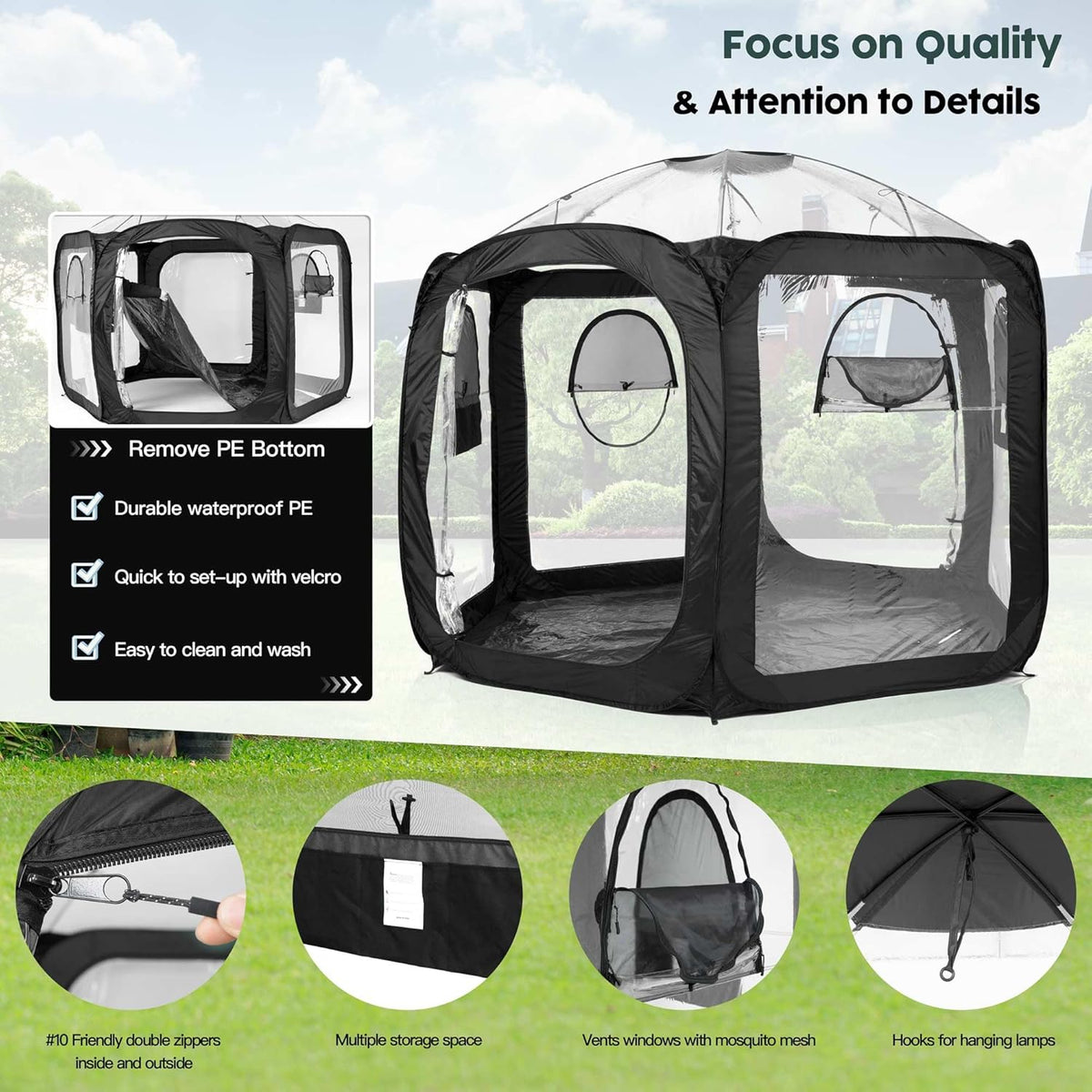 Porayhut Pop Up Greenhouse Tent,Portable Large Walk-in Plant House 10’X10’ ,Indoor Outdoor Gardening Plant Sunshine Room with PVC Mesh Cloth Cover for Protecting Plant from Cold Frost & Birds