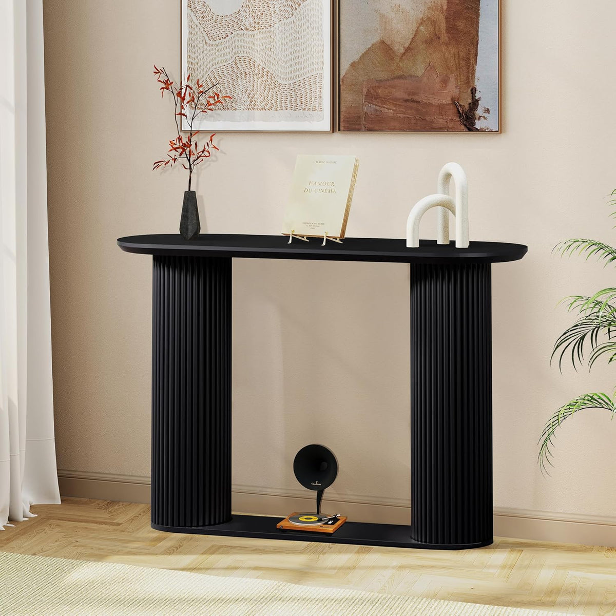 Fluted Console Table, Farmhouse Entryway Table with Storage and Fluted Wood Legs, Narrow Sofa Table Small Long Entry Table for Entrance, Hallway, Living Room (Black)