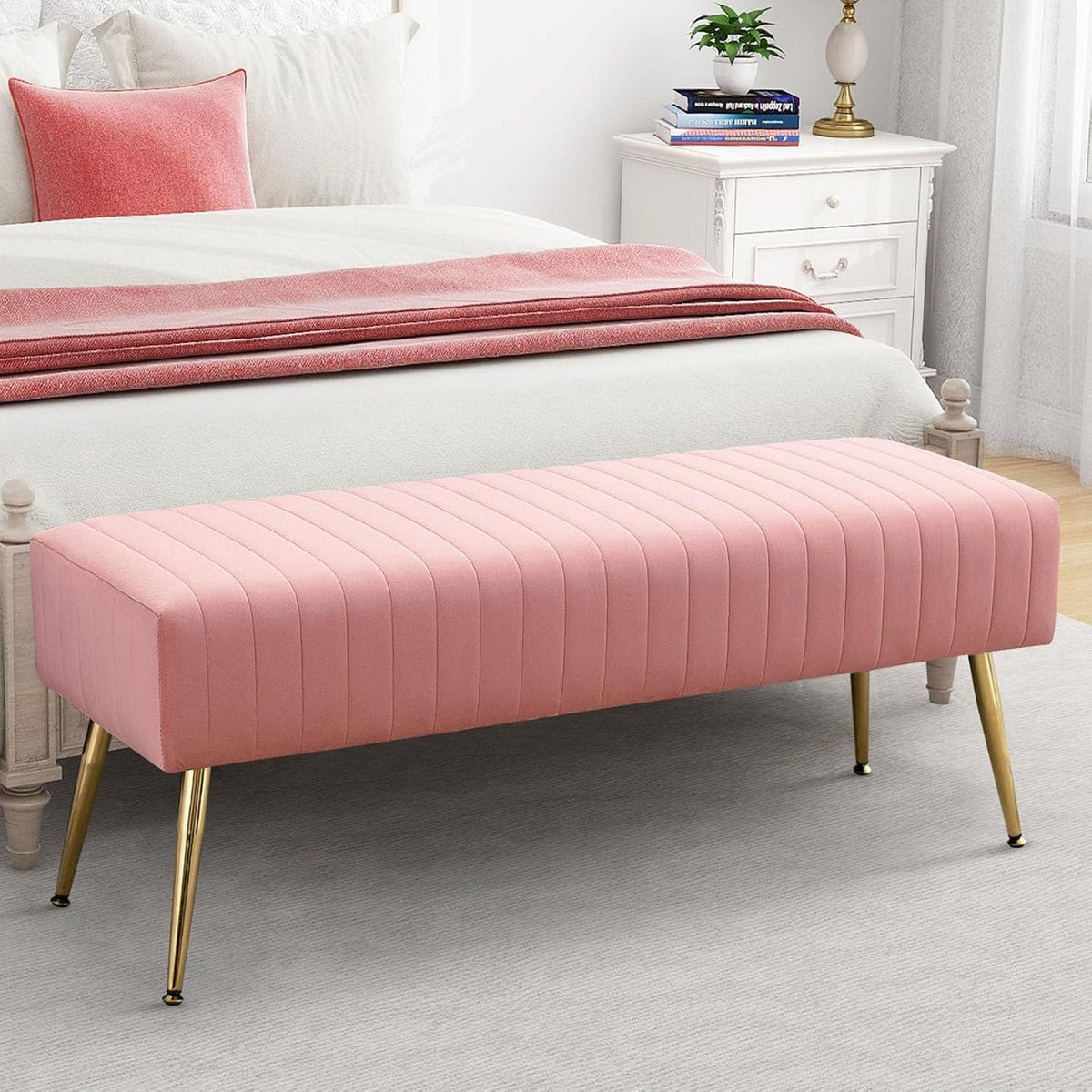 Furnimart 44 Inch Pink Velvet Ottoman Bench, Modern Upholstered Bedroom Benches Footrest Stool Indoor Bench for Entryway Living Room Bedroom Dining Room (Velvet-Pink)