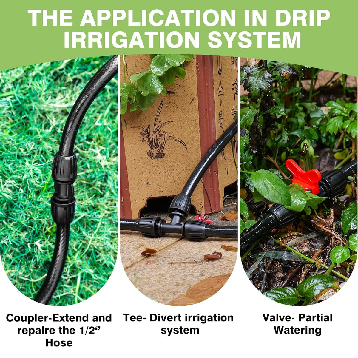 40 FT 1/2 inch Drip Irrigation Irrigation kit Main Line Supply Hose Tube for Garden Irrigation System (Includes 1/2"" Straight Connector, 3-Way Connector, Switch Valve), Black