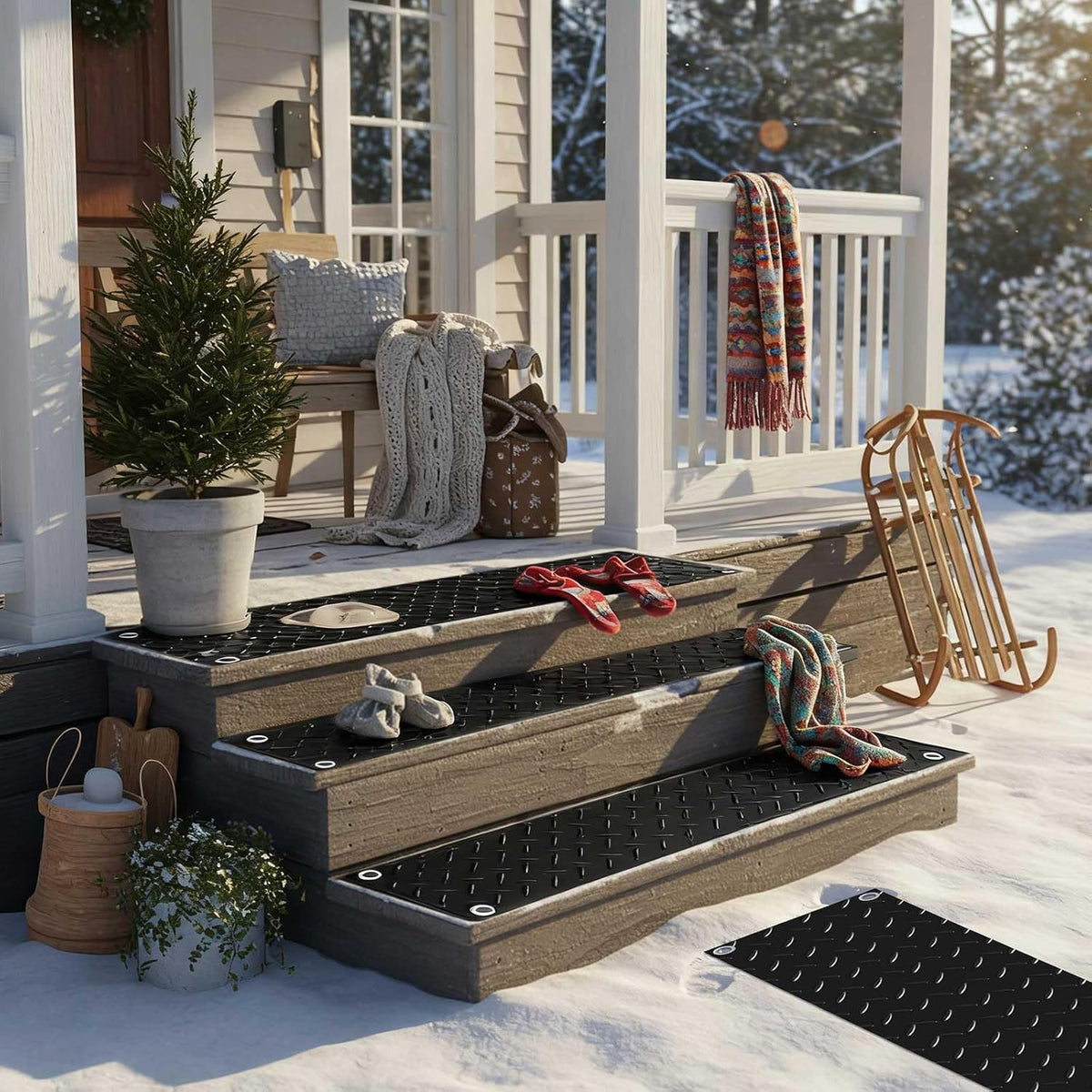 Riakrum 18 Pcs Heated Snow Melting Mats Outdoor, 10 x 30 in Winter Anti-Slip Heated Rubber Mat for Walkways Decks and Sidewalks, Snow and Ice Melting Pads Connection with 9.84 ft Power Cord