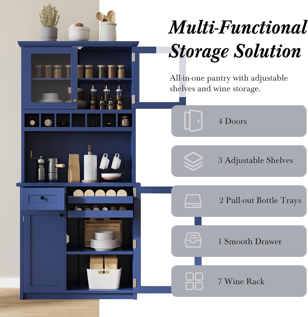 Freestanding Kitchen Pantry with Drawer, Adjustable Shelves & Wine, Blue | Rustic blue finish, solid wood legs, adjustable shelves, wine rack holds 12 bottles, 35.4"W x 17.7"D x 74.8"H, for dining