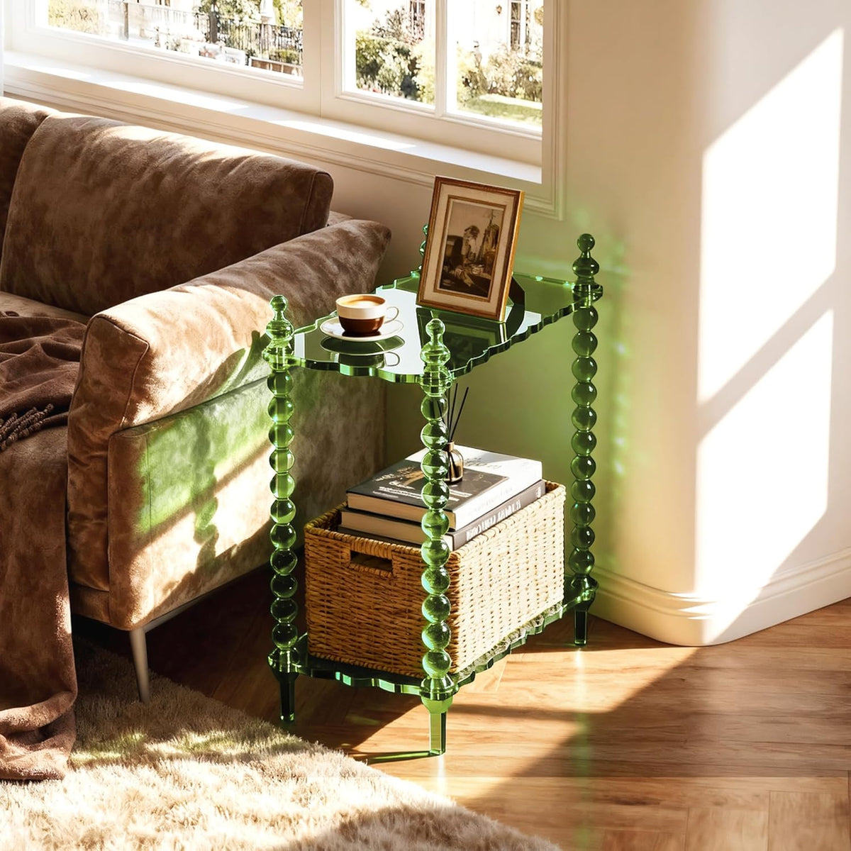 Acrylic Side Table 2-Tier, Clear Nightstand with Storage, Narrow Bedside End Table for Small Spaces (Green, 20.6"×10.4“×26”)