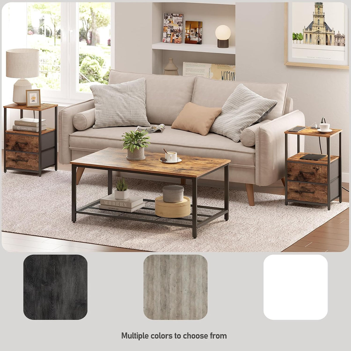 TUTOTAK End Table with Charging Station, Night Stand | Side Table with 2 USB Ports and Outlets, Nightstand with Cloth Drawer, Bedside Table for Livingroom, Bedroom Brown TB01BB088