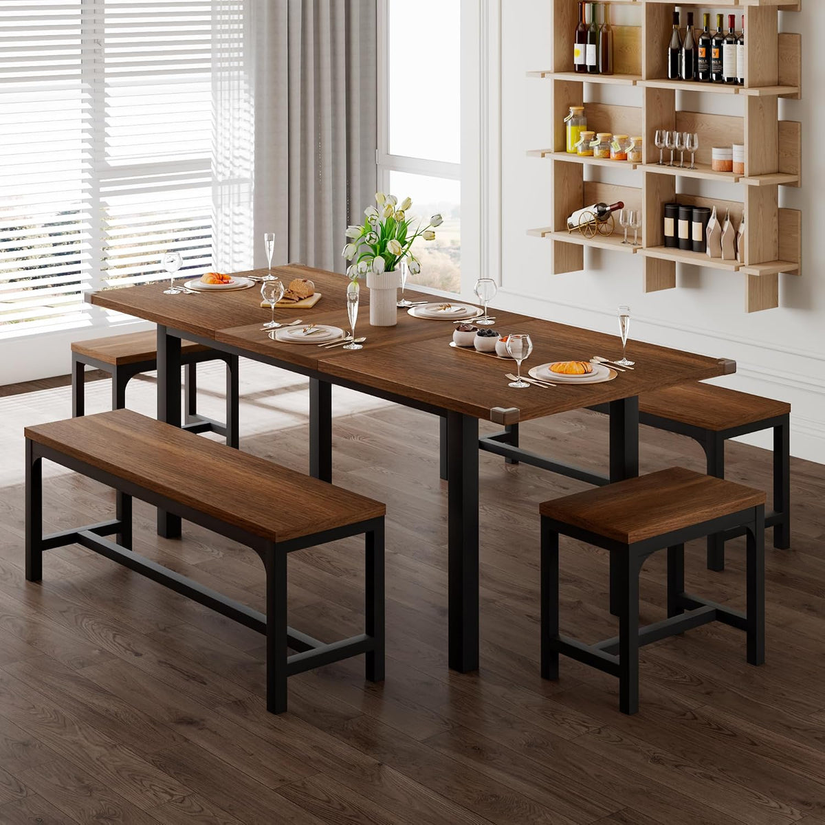 Feonase 5-Piece Dining Table Set for 4-8 People, 63" Extendable Kitchen Table with 2 Benches and 2 Square Stools, Mid-Century Modern Wooden Dining Room Table, Space-Saving, Walnut
