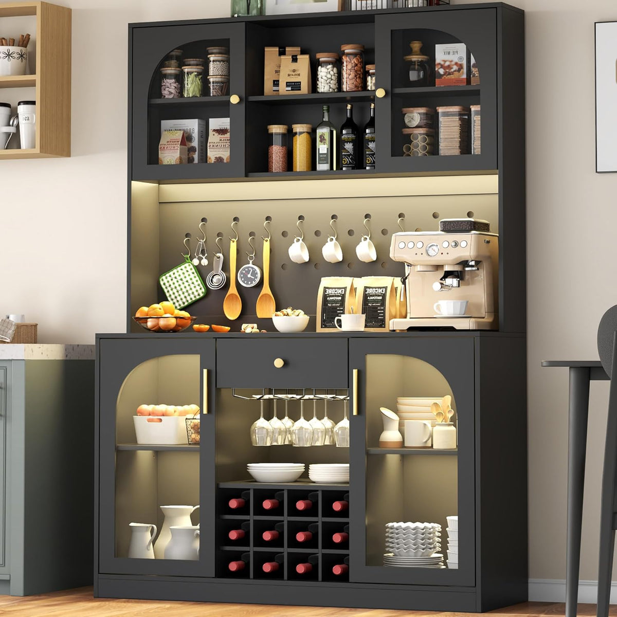 72'' Tall Kitchen Pantry Storage Cabinet with Led Light - Black Pantry Cabinet with Storage Drawers & Pegboard, Kitchen Hutches Cabinets with Wine Racks & Glass Door, Wine Bar Cabinet for Living Room