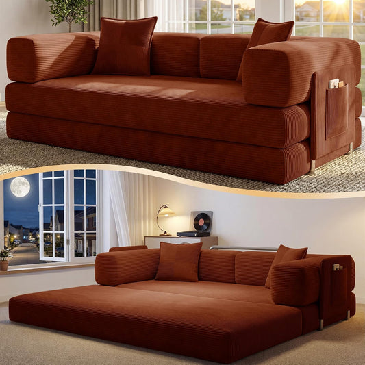 78.8" Convertible Futon Sofa Bed, Couch for Living Room | Corduroy Loveseat Sleeper Sofa, Modular Futon Couch with Storage Pocket, Pull Out Couch No Assembly | Rust Red
