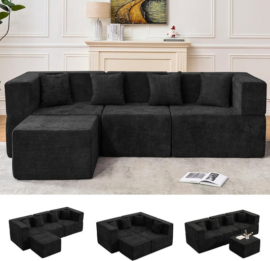 MONVANE 103'' Modular Sectional Sofa, Comfy Chenille Cloud Couch with Ottoman, Modern Convertible L Shaped Couch with Deep Seat, Sectional Couches for Living Room, Bedroom and Apartment, Black