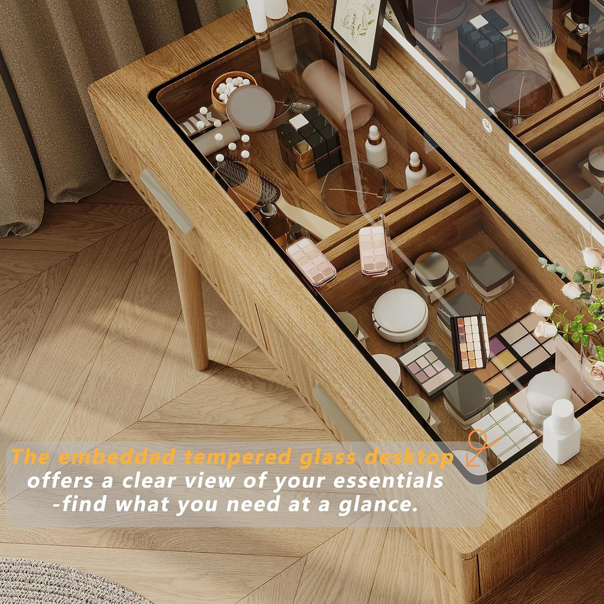 Fluted Vanity Desk with 36" LED Mirror, 48" Modern Makeup Table with Charging Station, Glass Door Display Cabinet & Tempered Glass Top, 5 Drawers and 3-Tier Shelves for Bedroom (Natural Oak)