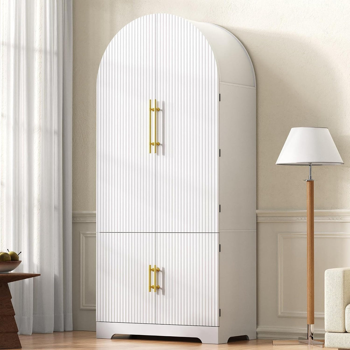 72" Tall Arched Kitchen Pantry Cabinet, Fluted Freestanding Storage Cupboard with 8 Door Shelves, 3 Adjustable Shelves and Hidden Drawer,Cabinet for Kitchen, Dining & Bathroom,White