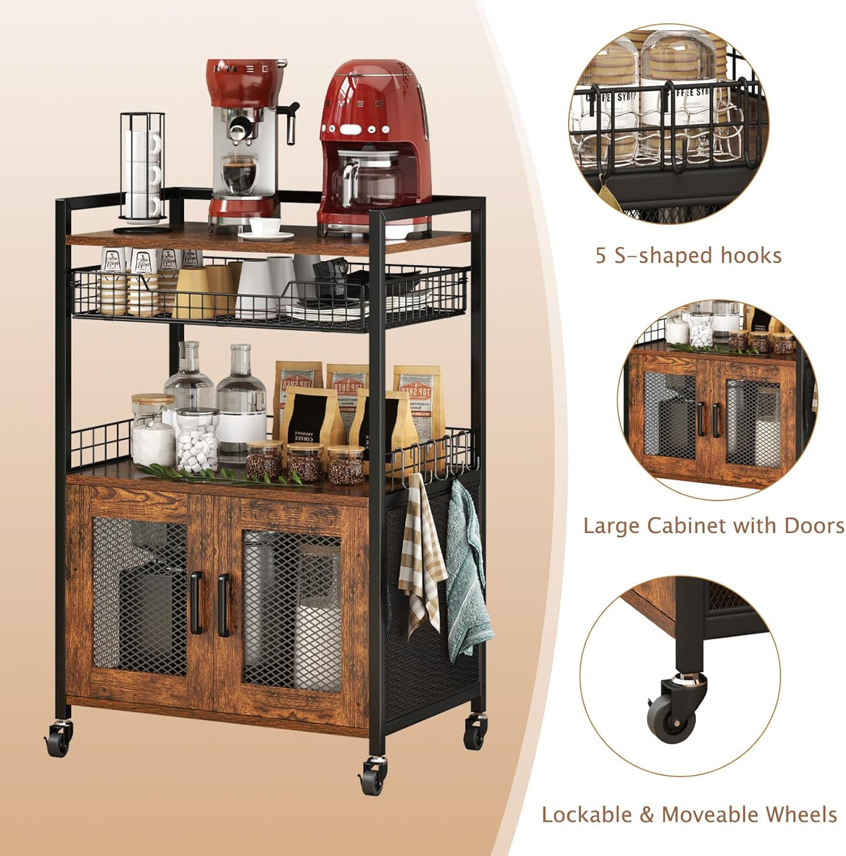 Hencawima Coffee Bar Cabinet, 3 Tier Coffee Station Table on Wheels, 35.9" H Bar Cart with Wire Basket Drawer & 5 Hooks for Home Kitchen, Liquor Buffet Sideboard Cabinet (Rustic Brown)
