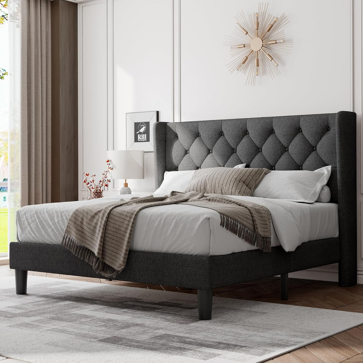 Feonase Queen Size Bed Frame with Diamond Tufted Wingback Headboard, Morden Upholstered Platform Bed, Sturdy Wooden Slats Support, Noise-Free, No Box Spring Needed, Easy Assembly, Dark Gray