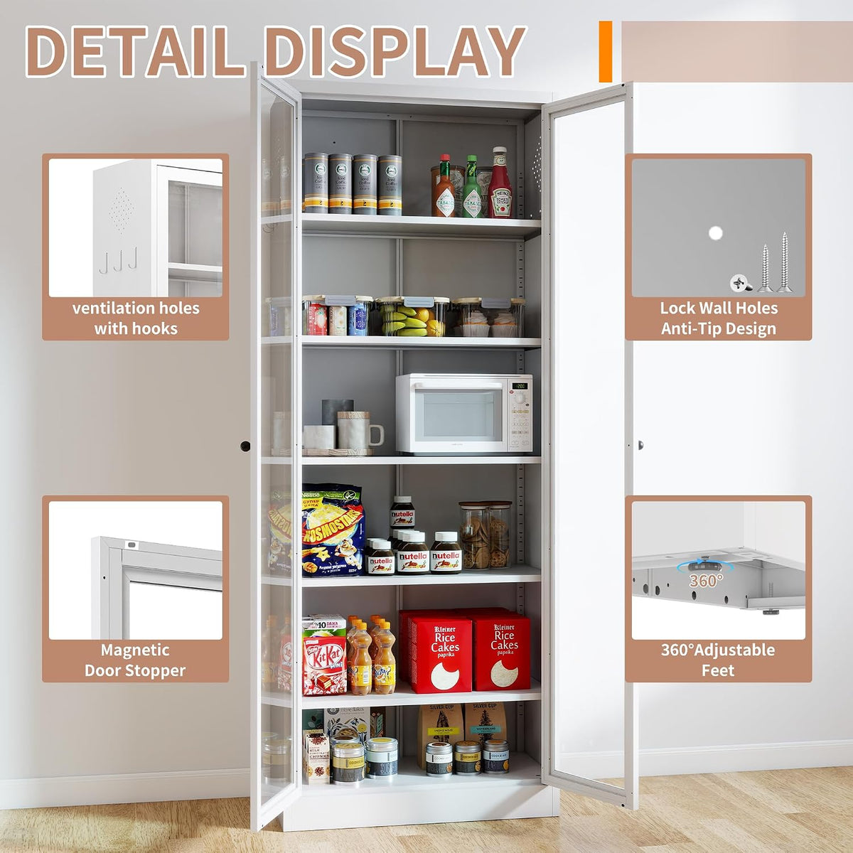 Metal Kitchen Pantry Cabinet – 72" Tall Storage with 5 Adjustable Shelves, White Freestanding Cabinet for Kitchen/Pantry/Bathroom – Heavy Duty Steel Frame, Glass Door