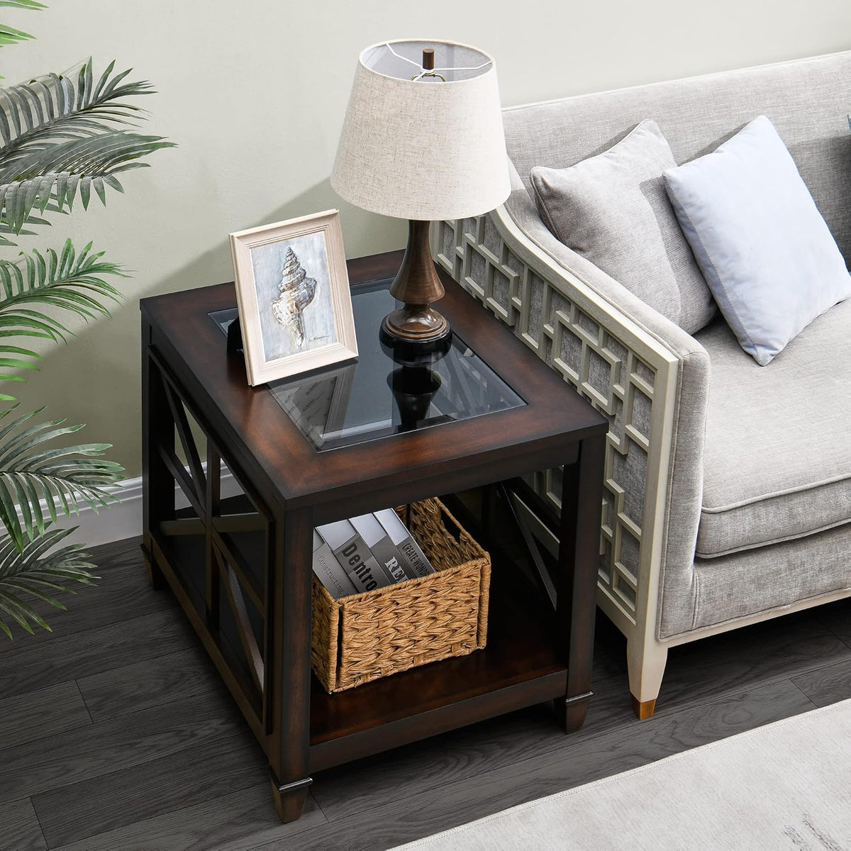 2-Tier Solid Wood End Table with Tempered Glass, Square Wooden Sofa Side Table Rustic Country Glasstop Espresso Nightstand with Shelf & Asterisk-Shaped Leg Base for Living Room, 27x22.5x24in