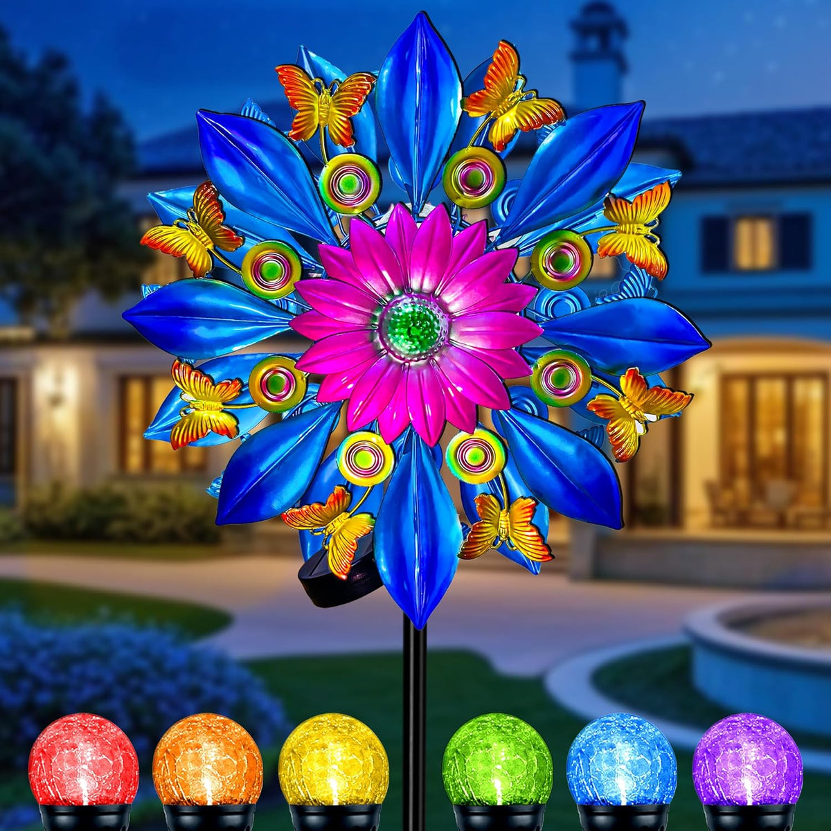 60 Inch Solar Wind Spinner Outdoor - Double-Sided Rotating Colorful Kinetic Wind Spinners for Garden, Yard Decorations Outdoor,Metal Wind Sculptures & Spinners, Wind Art