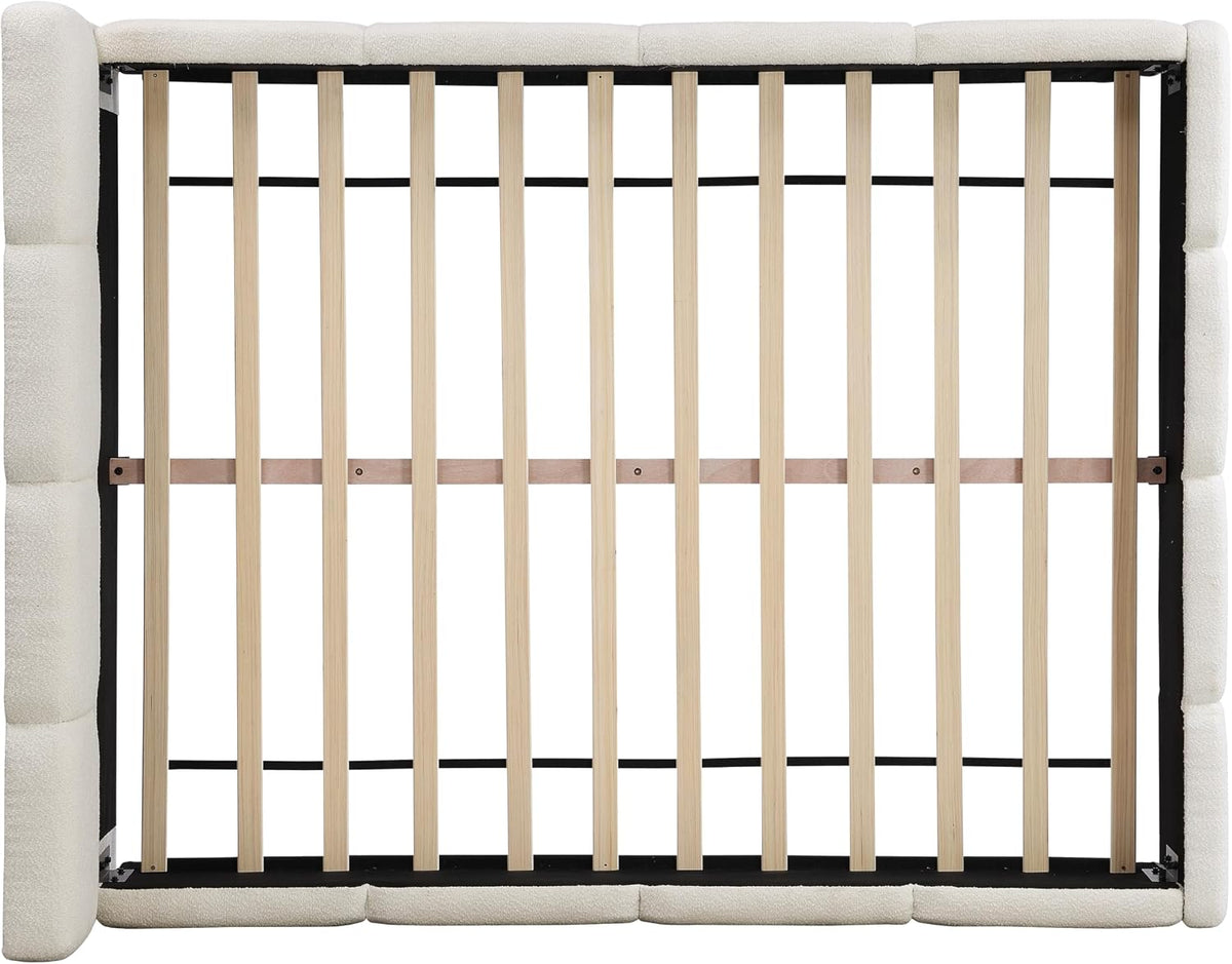 Christopher Knight Home Hazel Queen Size Platform Bed, Boucle Thick Headboard and Footboard, Upholstery Grounded Beds, Block Style, Wood Slat Panel Support, No Spring Box Needed, Easy Assembly, White