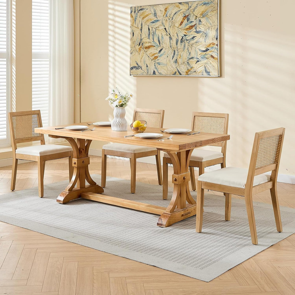 Vintage French Country Dining Chairs Set of 6, Rattan Dining Chairs with a Low Square Back, Beige Upholstered Dining Chair, Sillas para Comedor, Kitchen & Dining Room Chair (Beige, 6Pcs)