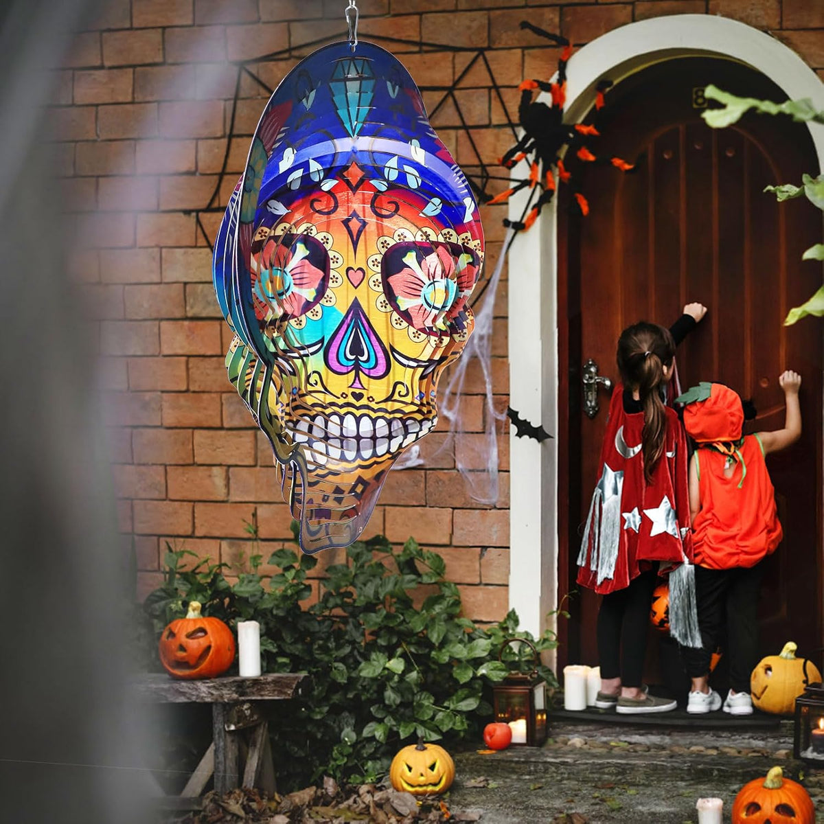 Goolyrusim Metal Wind Spinner - Sugar Skull Wind Spinners, Kinetic Hanging Wind Sculpture 3D Skeleton Wind Catcher for Yard and Garden Decoration Outdoor Decor, Unique Gifts for Halloween, Christmas