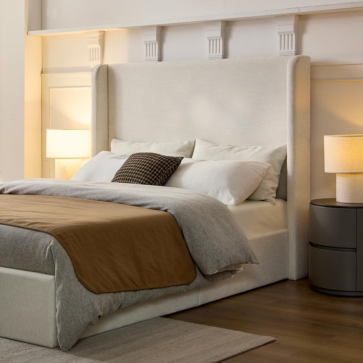 GDFStudio Queen Size Upholstered Wingback Bed with 54" Tall Headboard, Modern Minimalist Design Platform Bed, Textured Canvas Chenille, Easy Assembly, Sturdy Frame, Box Spring Required, Ivory