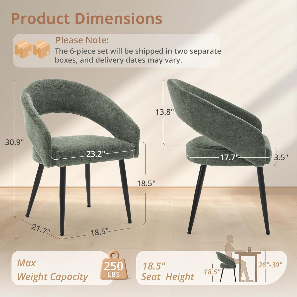 LUE BONA Modern Dining Chairs Set of 4, Upholstered Armrest Side Chairs for Kitchen & Dining Room, 18.5" Seat Height, Comfortable Curved Hollow Backrest, Black Metal Legs, Easy Assembly, Grayish Green