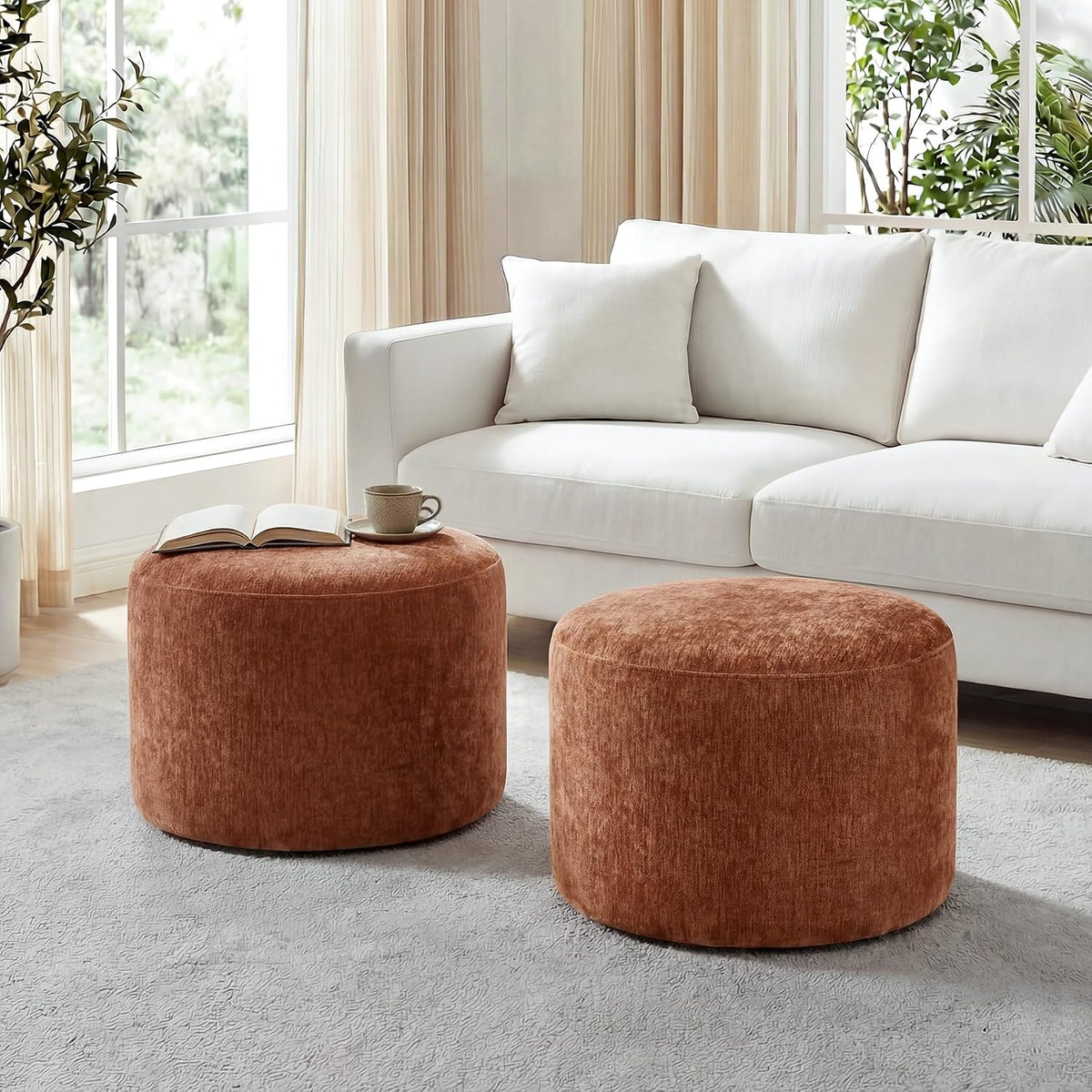 Flouki Pouf Ottoman Footrest, Foot Stools, Modern Round Upholstered Ottomans, Ottomans Pouffe, for Living Room, Bedroom, Entryway, Dorm, Selected Fabric (Orange-Brown, Set of 2)