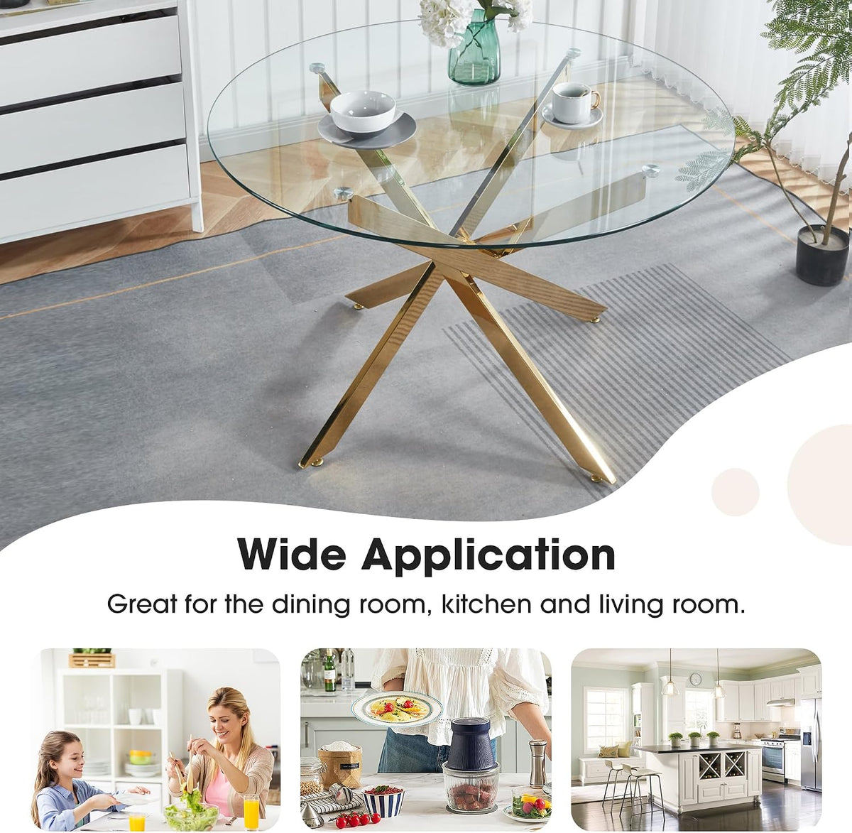 Round Glass Dining Table Set for 4, Small Kitchen Table Set for 4, 47" Circle Glass Dinner Table and Grey Velvet Chairs Set of 4,5 Piece Round Dining Room Table Set for Dinette Breakfast Cafe Party