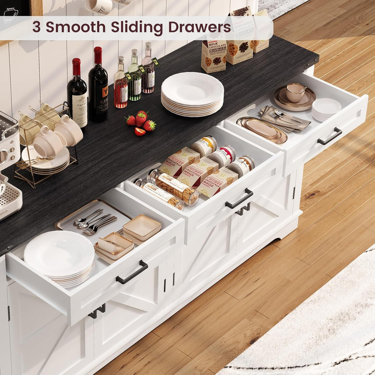 usikey 61” Large Sideboard Buffet Cabinet with 4 Doors and 3 Drawers, Farmhouse Buffet Table, Dining Room Storage Cabinet for Kitchen or Living Room, White