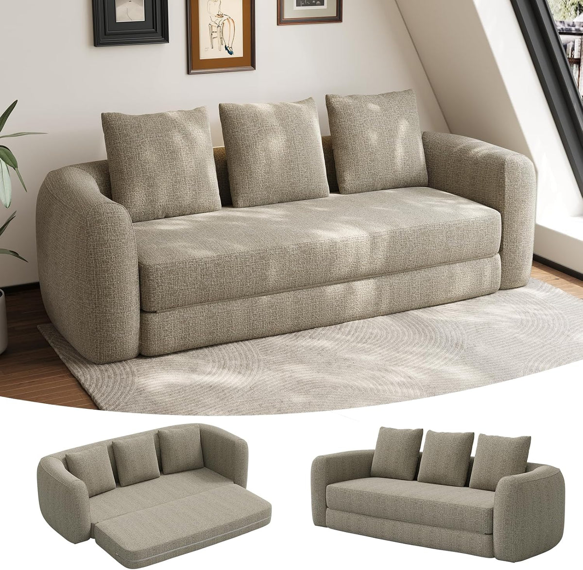Curved Convertible Futon Sofa Bed,Modern Sleeper Couch,Curved Modern 3 Seater Cloud Couch