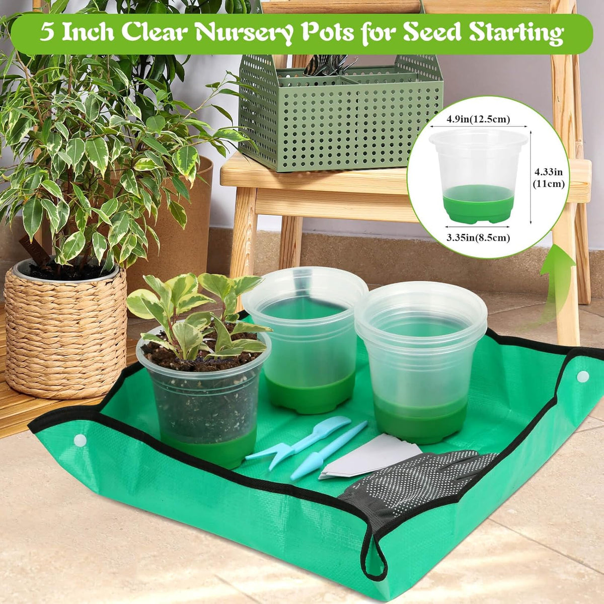Caffox 45PCS Reusable Seed Starter Kit Includes 20 Packs 5" Clear Nursery Pots with Silicone Base, Repotting Mat, Gardening Gloves, Plant Labels and Seedling Tools for Easy Transplant
