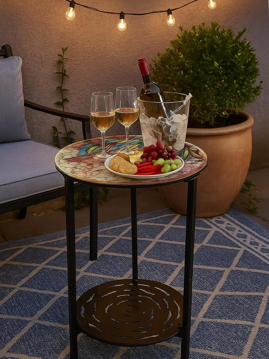 2-Tier Metal Round Side Table Black Accent Coffee Tables Small Space Corner Plant Stand Shelf for Indoor Outdoor Use Patio Balcony End Table Butterfly Print Weather-Resistant