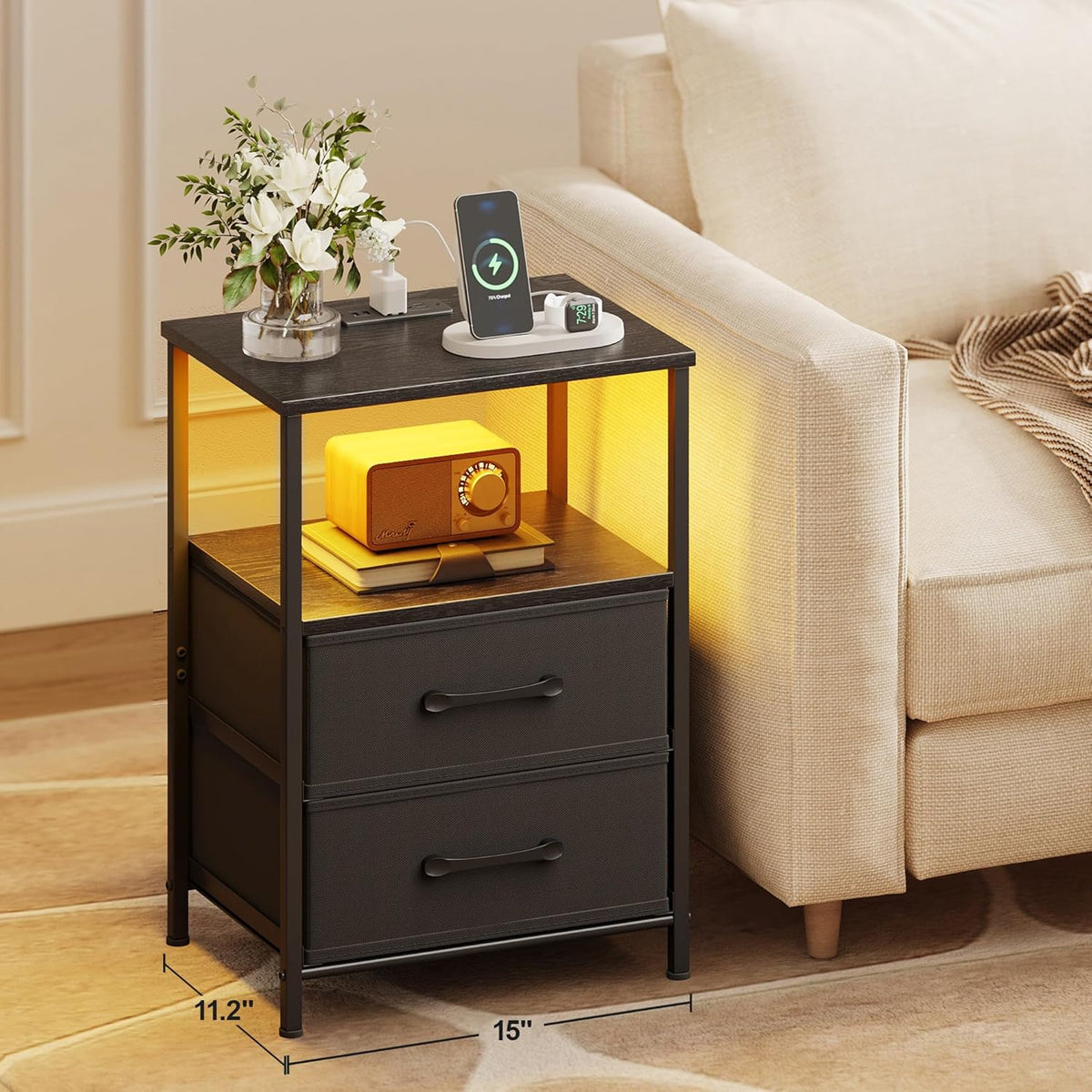 TRIFEBLE Nightstands Set of 2, Night Stand with Charging Station and Led Lights, Bedside Table with 2 Fabric Drawers for Bedroom, Small Side End Table with Open Shelf, Black
