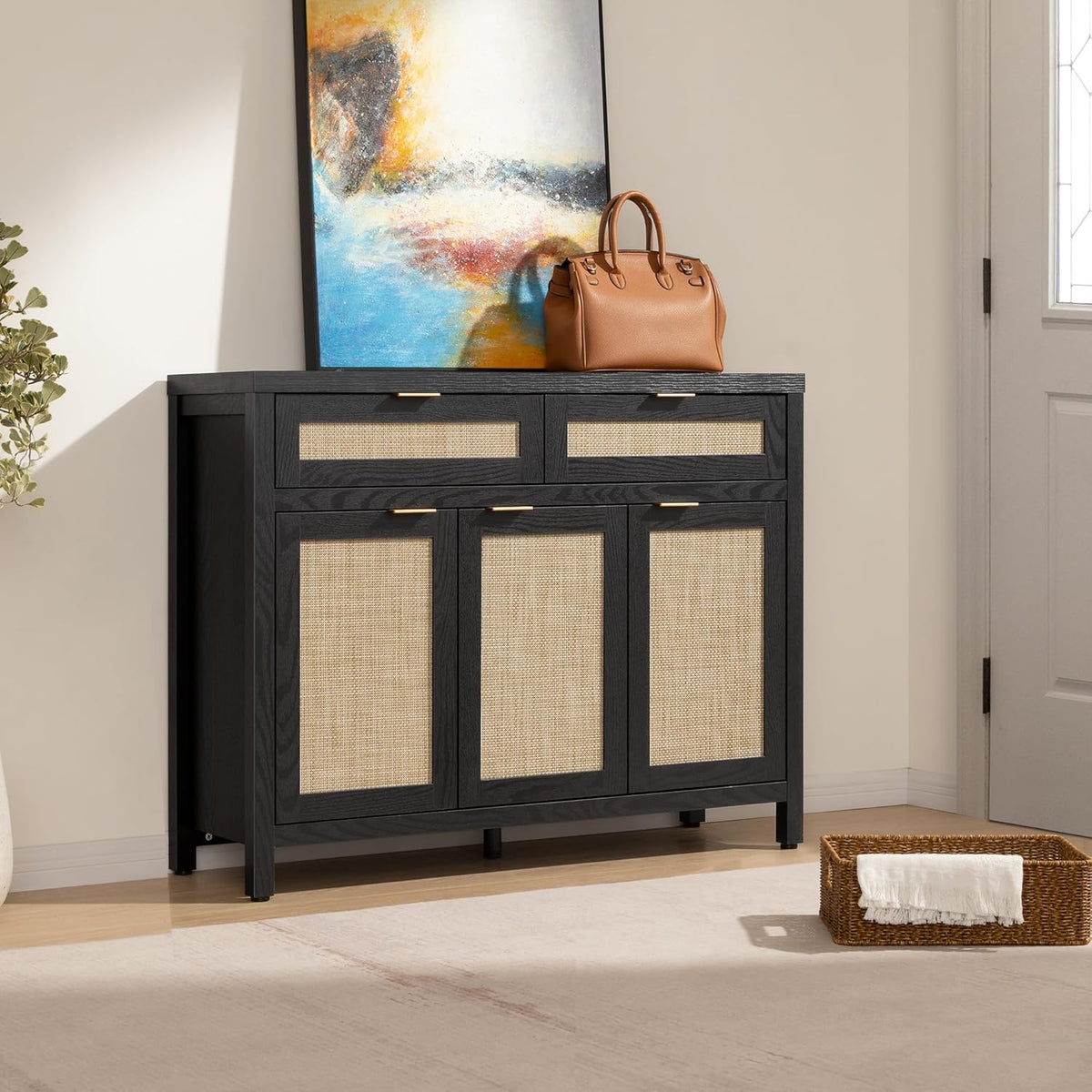 SICOTAS Rattan Sideboard Buffet Cabinet with Storage, Boho Credenza Accent Cabinet with 3 Doors and 2 Drawers, Farmhouse Console Coffee Bar for Kitchen, Living Room, and Entryway, Black Oak
