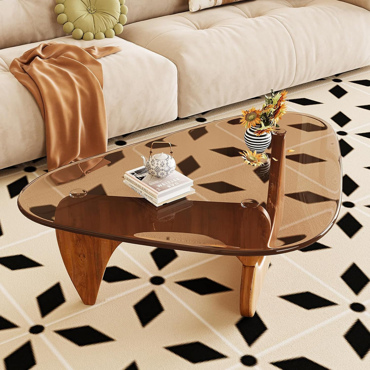 Coffee Table for Living Room Mid Century Modern Center Table with Glass Top and Wood, 32 Inch, Brown/Walnut