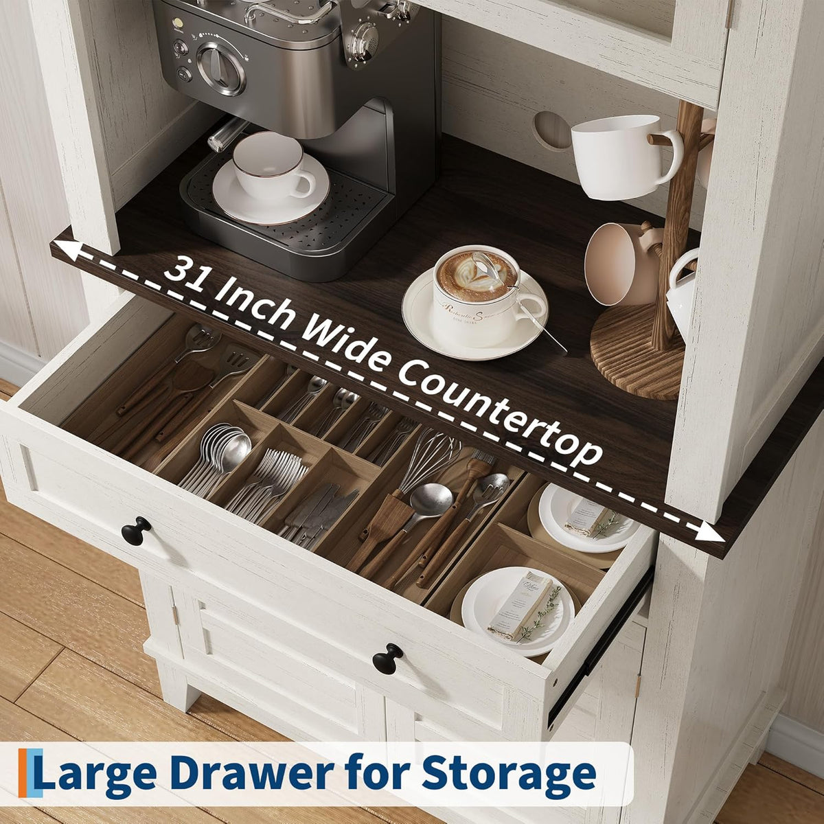 Garvee 72 in Tall Kitchen Pantry Cabinet, Kitchen Hutch Bar Cabinet with Microwave Stand, Cupboard with Drawers Glass Doors for Dining Room, Living Room, White