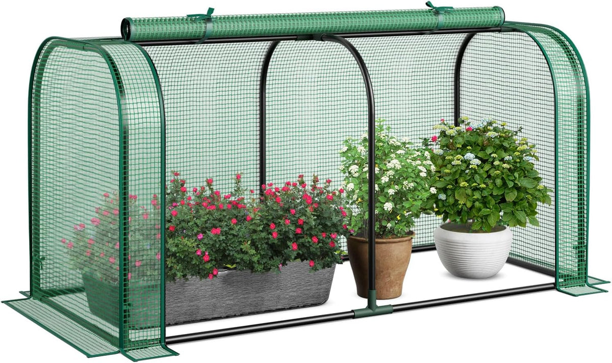 Mini Greenhouse, 47" x 22" x 24" Portable Greenhouse with Roll-Up Door, Ground Stakes, Metal Frame, Waterproof & Sun-Protective PE Cover, Small Green House for Outdoors & Indoors (Green)