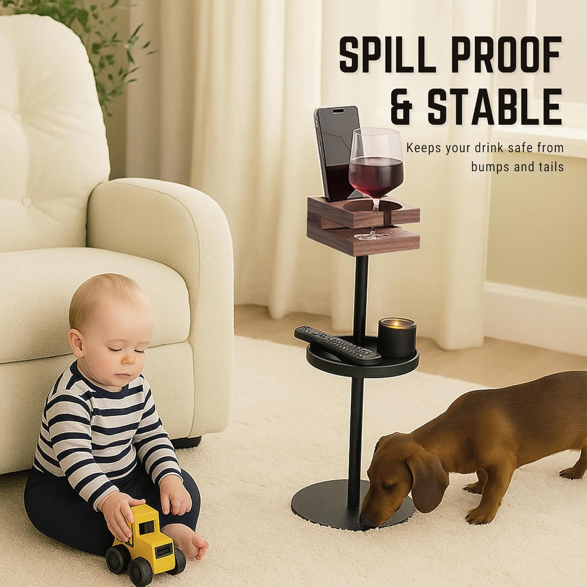 Drink Table for Small Spaces - Slim Pedestal Side Table with Real Wood Top & Stable Base for Coffee & Cocktails - Ideal for Tight Living Room & Bedroom Spaces (Walnut)