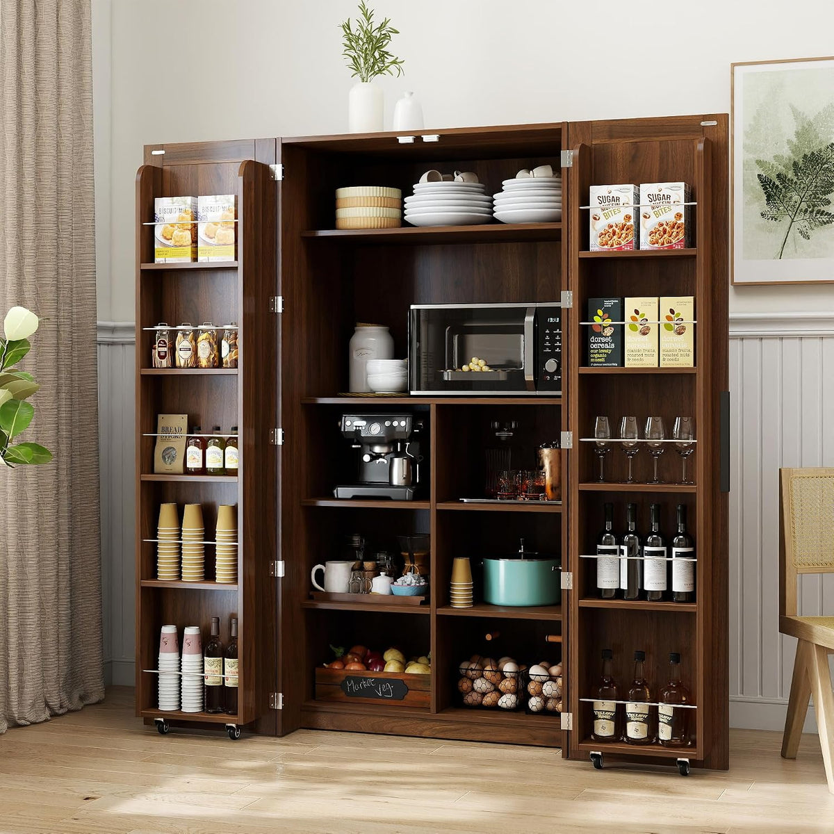 62.8''H Tall Kitchen Pantry Cabinet, Freestanding Buffet Cupboards Sideboard with Doors & Door Shelves, Farmhouse Storage Pantry for Kitchen Living Room Dinning Room, Walnut