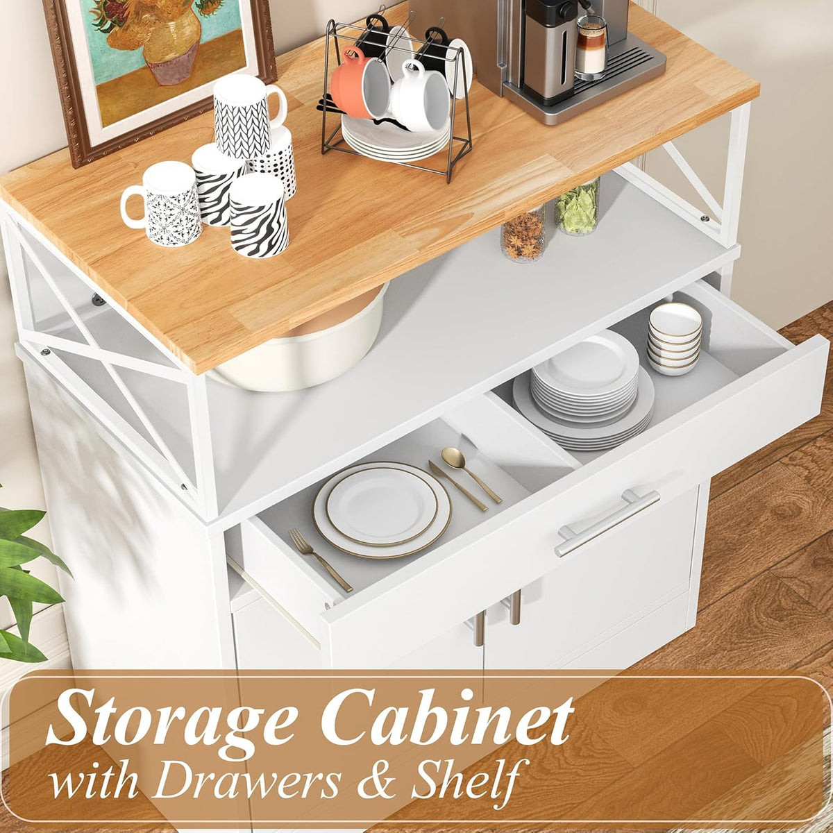 Shintenchi Kitchen Buffet Cabinet with Adjustable Shelf, Modern Kitchen Storage Cabinet,Farmhouse Coffee Bar Cabinet（White）