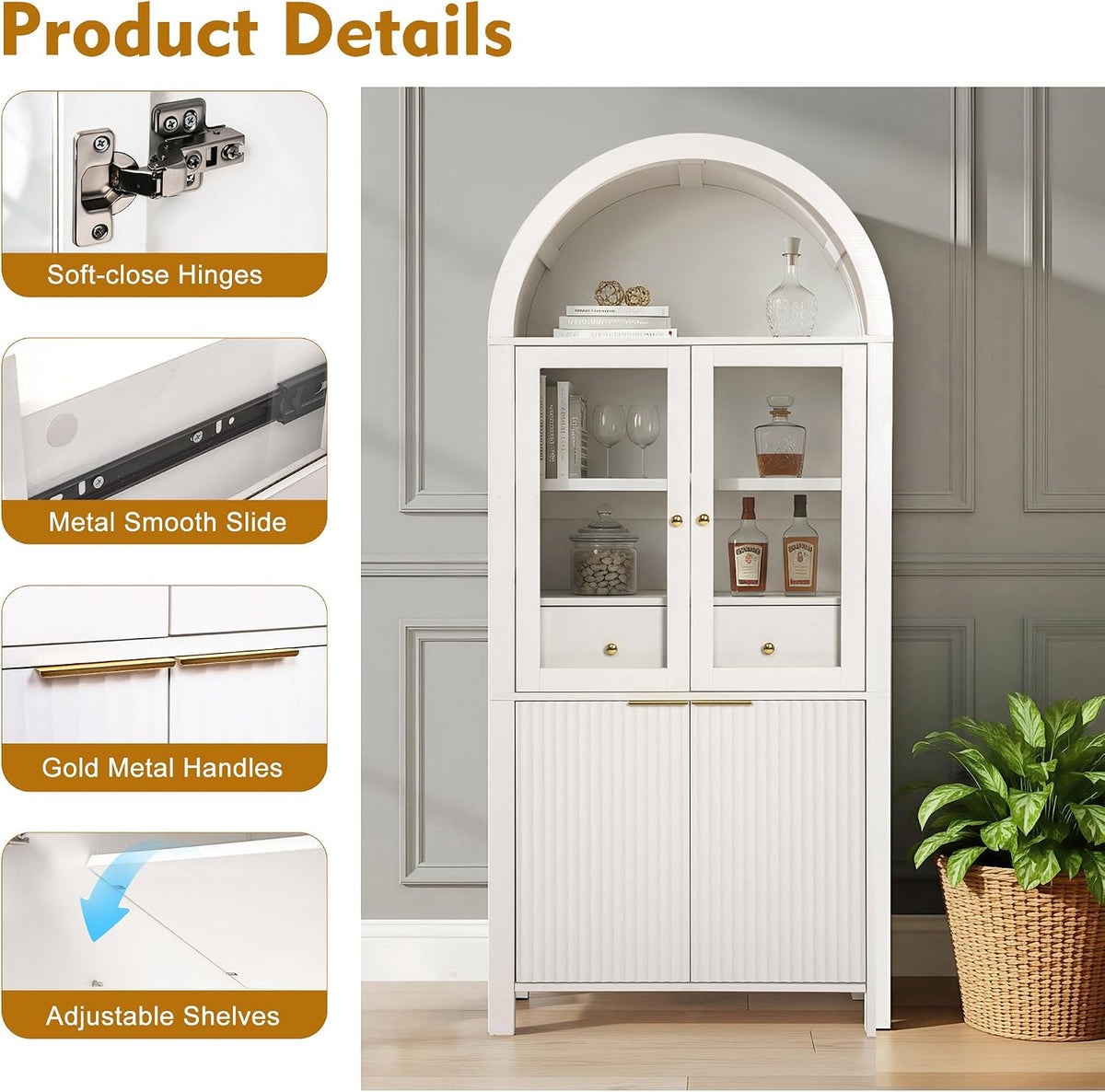 71" Fluted Tall Arched Kitchen Pantry Cabinet with Glass Doors, Farmhouse Storage Cabinet with Adjustable Shelves & Hidden Drawer, Freestanding Cupboard Console for Living Room, Dining Room (White)