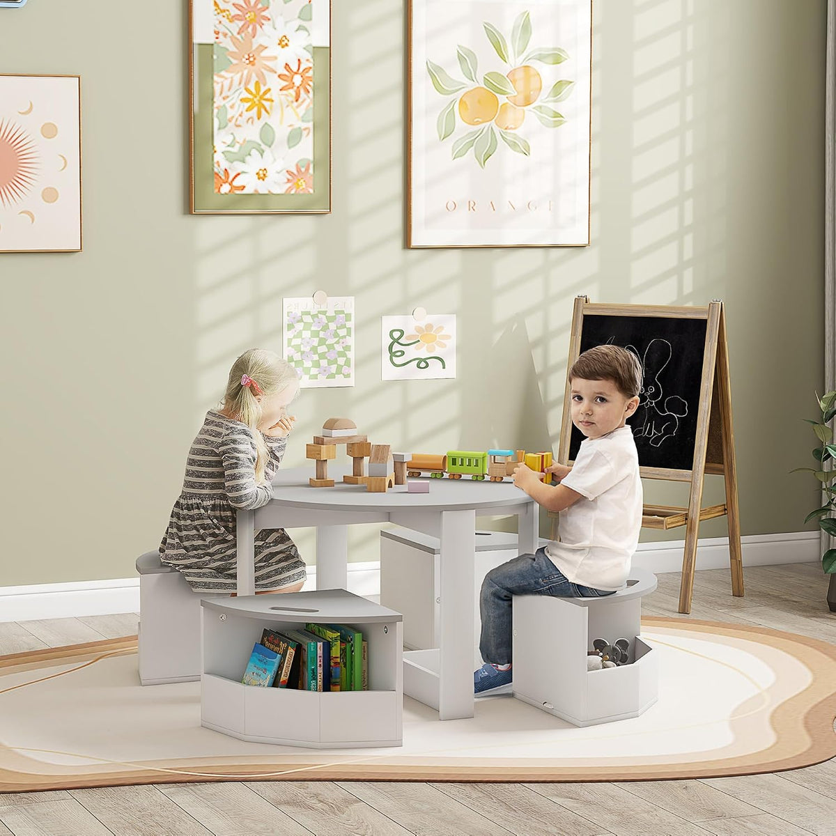 Kids Table and Chairs Set, 5-Piece with Storage for Art and Play, Gray | Gray Kids Furniture Set for Drawing, Crafts, Playrooms, Classrooms, and Nurseries with Storage